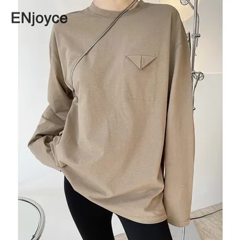 Ženska t-shirt s trokutastim džep i dugi rukav 2021 Proljeće osnovna bijela majica хлопковая t-shirt Majice u korejskom stilu Casual odjeća s okruglog izreza