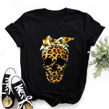 FIXSYS Novi dolazak Ljetne ženske majice s леопардовым lubanjom Crna majica je Cool ženska t-shirt kratki rukav Majica okruglog izreza t-Shirt