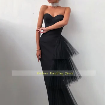 Jednostavne Crne i bijele haljine od tila sa cutaway сердечком Dužine do ankles, Elegantna večernja donje haljinu za prom Ljeto 2021 Na red