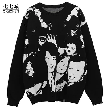 Hip-hop veste Muški Harajuku Uličnu odjeću s portreta po cijeloj površini Pleteni skakači Džemper Trendy i Casual Slobodan punk-Rock gothic pulover