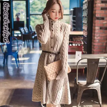 OHCLOTHING 2021 Южнокорейское donje novi zimski kaput twist dugi kardigan pletene džemper haljine obložen zimi