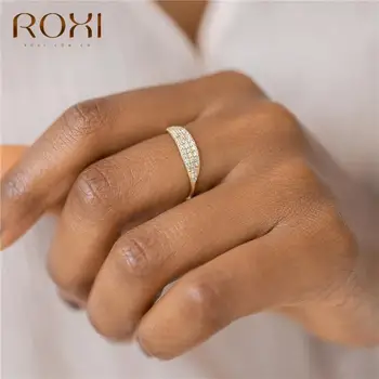 ROXI Elegantan Veliki List s tri linije Kristalno Zlatno Prstenje za žene Prstenje Nakit 925 Sterling Srebra Prstena za prste Češka Prsten