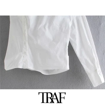 TRAF Ženska moda Asimetrične nabrane bijele bluze Vintage jednog ramena s dugim rukavima Ženske košulje Šik Vrhovima