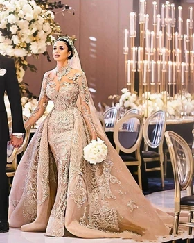 Arapski Dubai vjenčanicu sa dugim Rukavima Prekrasna Visoka vrat 2020 Sirena Čipka aplicirano je Odvojiv kabel vjenčanicu vestidos