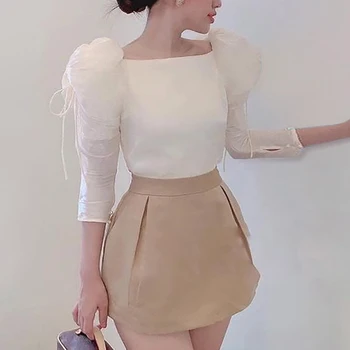 VGH Bijela patchwork Svakodnevni bluza čipka-up za žene s trga ovratnikom i dugim rukavima, monotono košulja Ženska moda jesen 2021, Nova odjeća