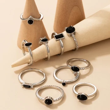 Хуатан Boem Crna Crystal Kamen Joint Prsten Setovi za žene Vintage Srebrna Boja Prstena od Legure Metala Večernje uređenje Anillo 19724