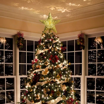Božićno Drvce Osvijetljena Zvijezda Drvce Topper Projektor LED Rotirajuća Pahuljice za Božićne dekoracije 3D Sjaj Zvjezdani Svjetlo se božićno Drvce