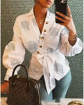 2020 Ženska proljeće-jesen moda majica na zakopčane Ženska odjeća dugih rukava Blusas Ženske office majice Majice s po cijeloj površini Pismo OL Top