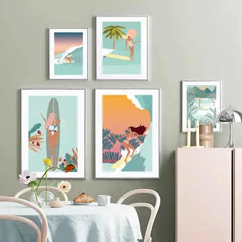 Crtani Djevojka Surfanje Platnu Slikarstvo Tropska Kokos Palma Zid Umjetnost kupaći Kostim Djevojka Plakati i Ispisuje Slike za uređenje dnevnog boravka