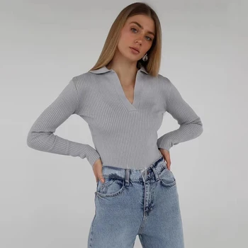 Visoka Kvaliteta Ženska moda jednobojnu Tanke pletene pulover 2021 Jesen Seksi V-izrez u obliku dugih rukava Polo Casual pulover Moderan