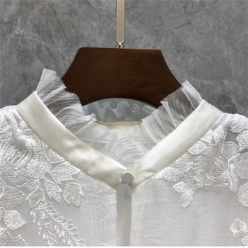 Svilene bluze vrhunske Kvalitete Košulja 2022 Proljeće Ljeto Košulja Ženska Luksuzna tuniku s vezom na zakopčane dugi rukav Elegantne bijele majice