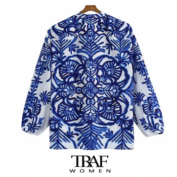 TRAF Za Ženska moda Totem s po cijeloj površini Asimetrične Vintage bluze s dugim rukavima Bočne otvore Ženske košulje Šik vrhovima
