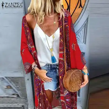 Богемные plaža cardigans Tijelo ZANZEA Ženska Vintage košulje s cvjetnim ispis Ljetni odmor duge majice Otvorena košulja sprijeda kimono