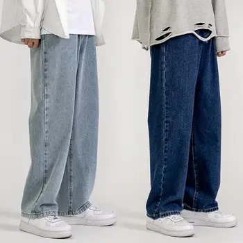 Izravna muške traperice srednje visine sa širokim штанинами Ravnici traper hlače u stilu hip-hop Vanjska odjeća