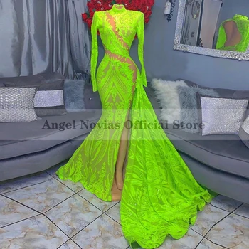 Duge rukave Čipke, haljine za maturalne 2021 s visokim izreza i otvorenim leđima Afrička crna djevojka Zelena večernjih haljina za prom