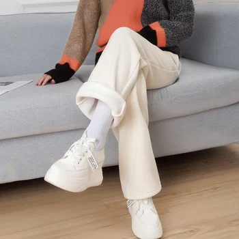 Jesen Zima Debele široke hlače Ženske korejski moda Harajuku Divlje Hlače s visokim strukom Svakodnevne Izravne Hlače De Mujer Nove