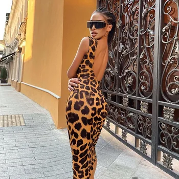 Ženska proljeće Novo 2022 godine Funky prigradski suknju srednje dužine sa seksualnom otvorenim leđima s леопардовым po cijeloj površini, univerzalni elastično svakodnevno haljina bez rukava