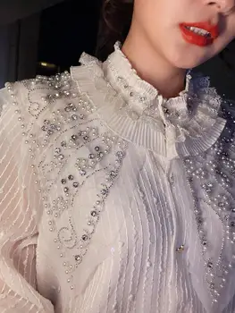 Ženska bluza Nova lijepa s dugom ukrašen Čipkom rukava Prozirna bluza sa rol-bar Luksuzna košulja od perli Ženska večernja odjeća s dijamantima NS742