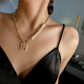 AOMU 2021 Zlatna Boja Metalik Imitacija bisera, perli Kvadrat ogrlica za lica Нерегулярная geometrijski šuplje lanac za ключиц pokloni za žene