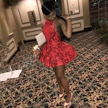 Nove seksi crveni koktel haljine s бретельками Čipka aplicirano u Haljini sa šljokicama za susret maturanata s otvorenim leđima Kratko haljina za prom mini-suknja