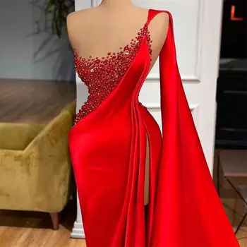 Jedno rame Crveno večernja haljina Sirena s biserima i perlicama Haljine za maturalne s prorezom sa strane Luksuzno haljinu po mjeri vestido de novia