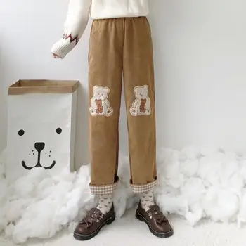 Harajuku Berba ženske samt hlače Slatka Crtani film Medvjed Vez Kariranih svakodnevne hlače Zimske za djevojaka Kawai Ravne hlače