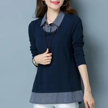 50% Pamuk Velika majica dugi rukav Ženska proljeće košulja u korejskom stilu Slobodan pulover Prugasta košulja низом Top Za žene