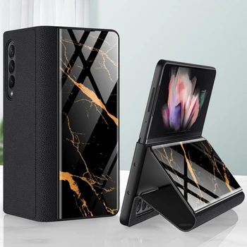 Kaljeno Staklo i kožna Torbica za telefon Samsung Galaxy Z Fold 3 Kožne Sklopivi Stalak za Galaxy Z Fold3 5G