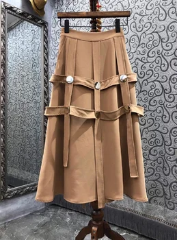Kvalitetan Dizajn duga suknja 2021 Jesensko-zimski stil Ženska elastična struk sa velikim zakovicama u stilu Deco Kaki Crne Duge maxi suknje Klub