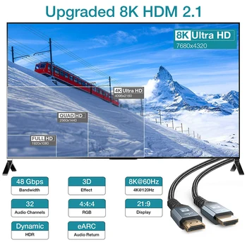 8K HDMI kompatibilan kabel HDMI2.1-Kompatibilan 48 Gbit / s Ultra HD Podržava 8 Do 60 Hz 4 Do 120 Hz HDR eARC Kompatibilan sa PC, audio panel, tv